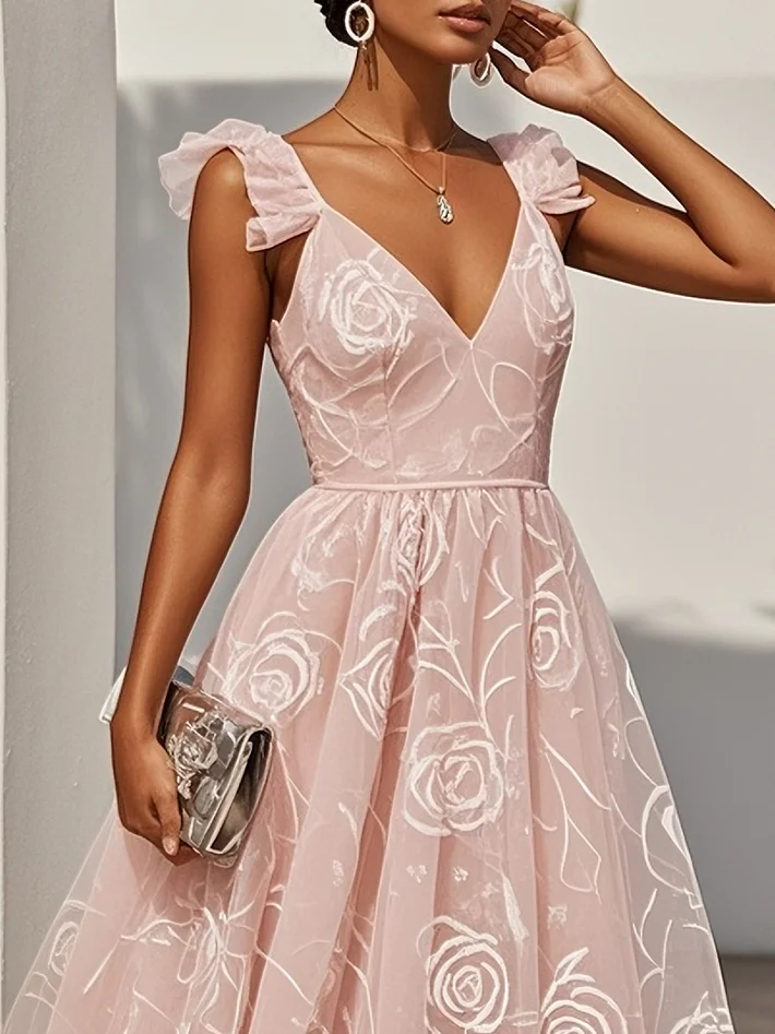 Light Pink Floral Ruffled Classic V Neck Sleeveless Ruffle Sleeve A-Line Midi Dress