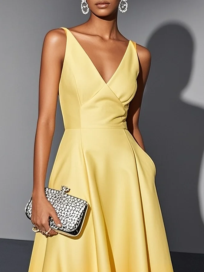 Orange Ombre Classic V Neck Sleeveless A-Line Midi Dress