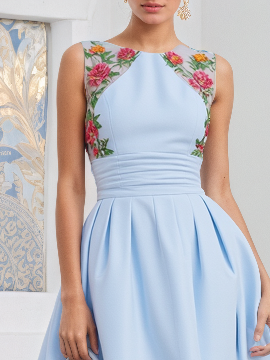 Light Blue Lace Ruched Classic Crew Neck Sleeveless A-Line Midi Dress