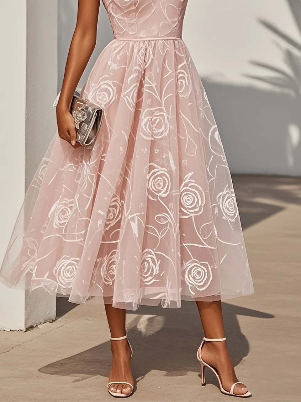 Light Pink Floral Ruffled Classic V Neck Sleeveless Ruffle Sleeve A-Line Midi Dress