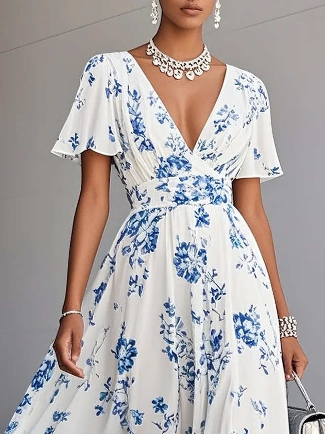 Blue Floral Chiffon V Neck Short Sleeve A-Line Maxi Dress