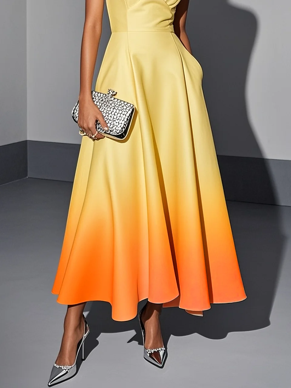 Orange Ombre Classic V Neck Sleeveless A-Line Midi Dress
