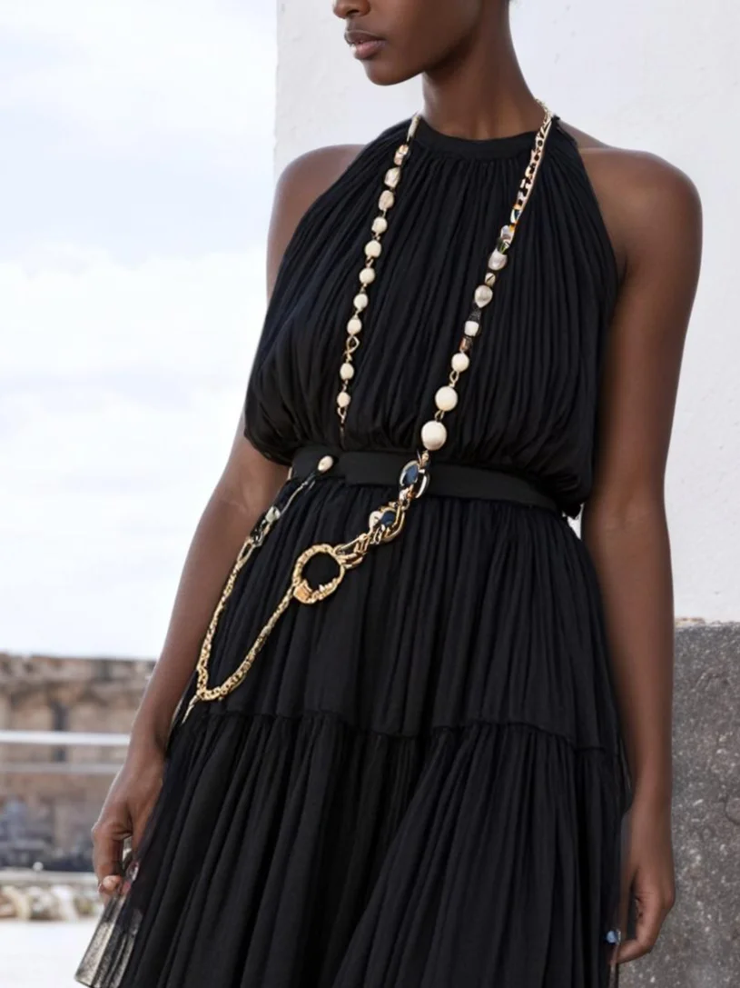 Black Ruffled Pleated Classic Crew Neck Sleeveless A-Line Maxi Dress