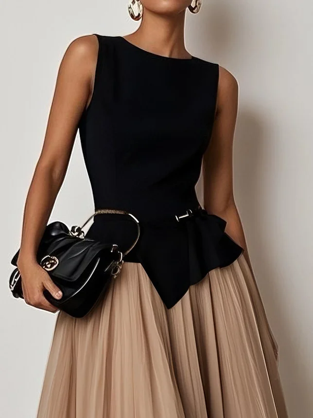 Light Khaki Ruffled Mesh Classic Boat Neck Sleeveless A-Line Midi Dress
