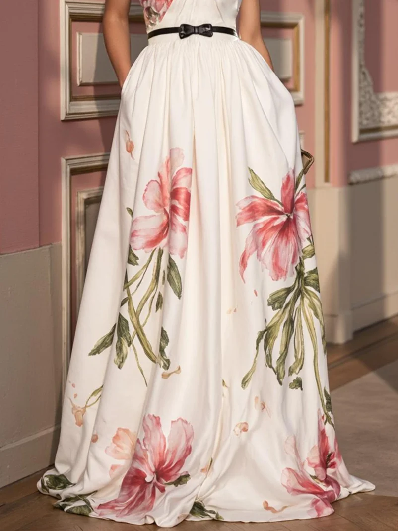 Pink Bow Floral Classic Halter Sleeveless A-Line Maxi Dress