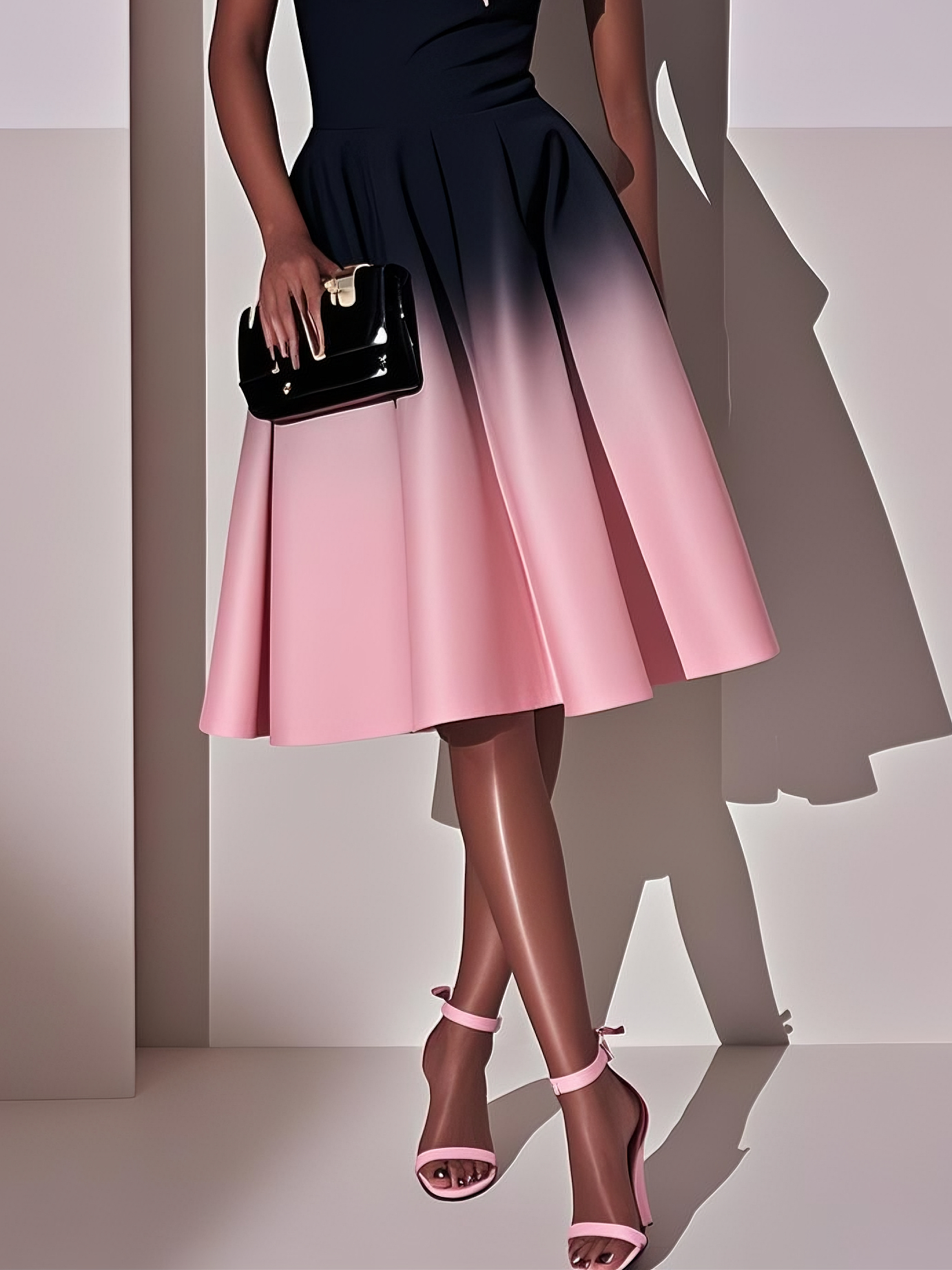 Pink Ombre Classic Strapless Sleeveless A-Line Midi Dress