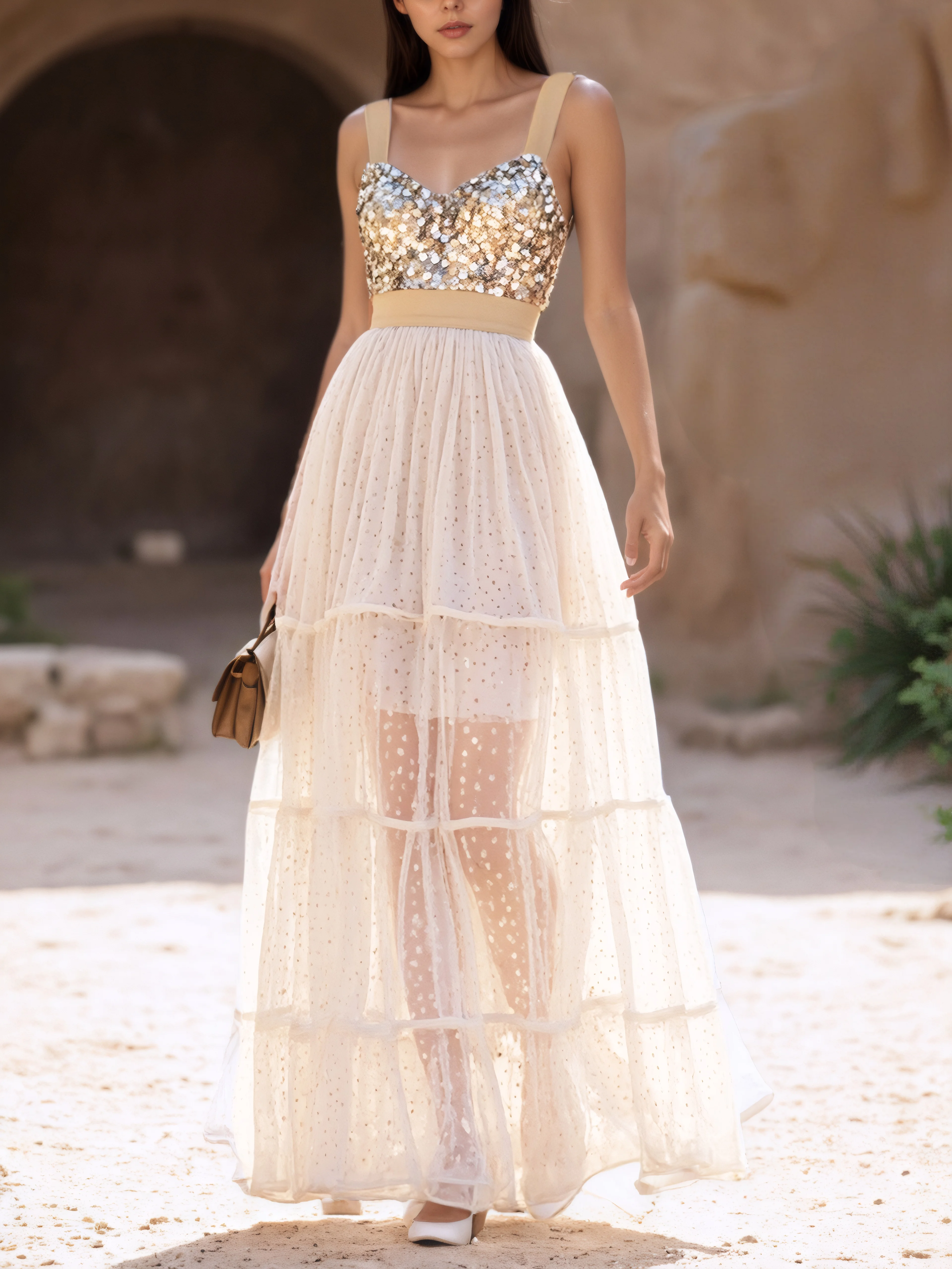 Apricot Glitter Stamped Bronzing Sequin Sweetheart Neckline Sleeveless A-Line Maxi Dress