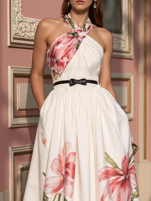 Pink Bow Floral Classic Halter Sleeveless A-Line Maxi Dress