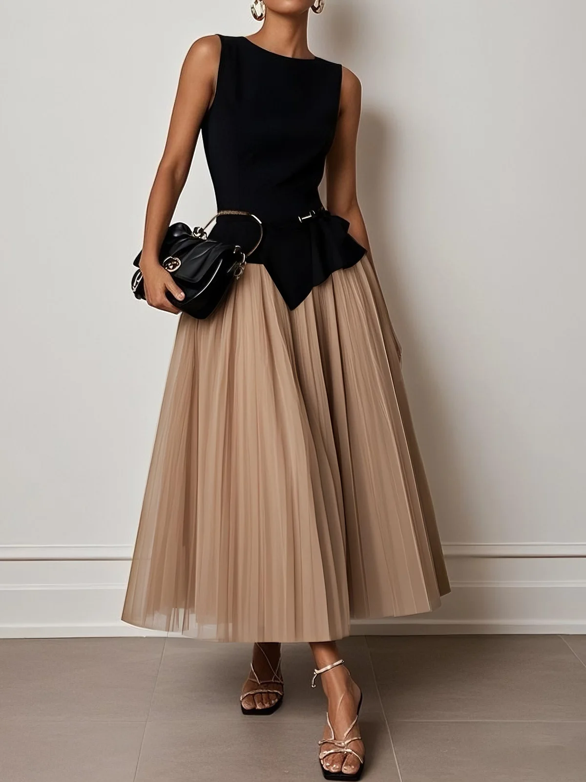 Light Khaki Ruffled Mesh Classic Boat Neck Sleeveless A-Line Midi Dress