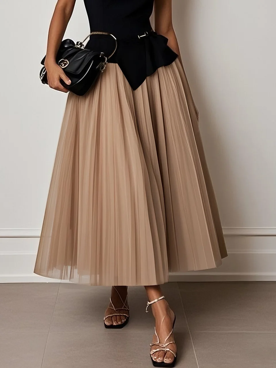 Light Khaki Ruffled Mesh Classic Boat Neck Sleeveless A-Line Midi Dress