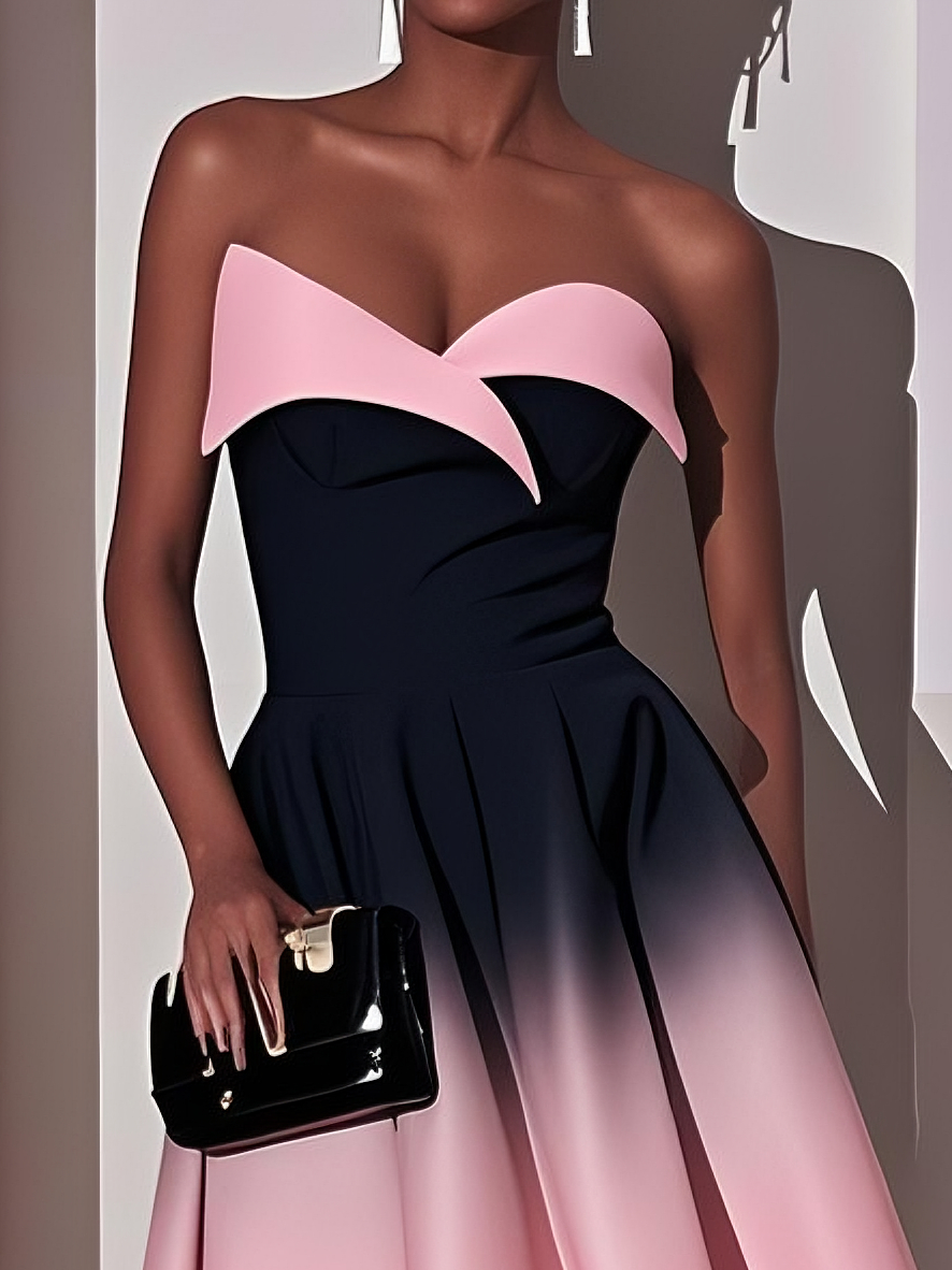 Pink Ombre Classic Strapless Sleeveless A-Line Midi Dress