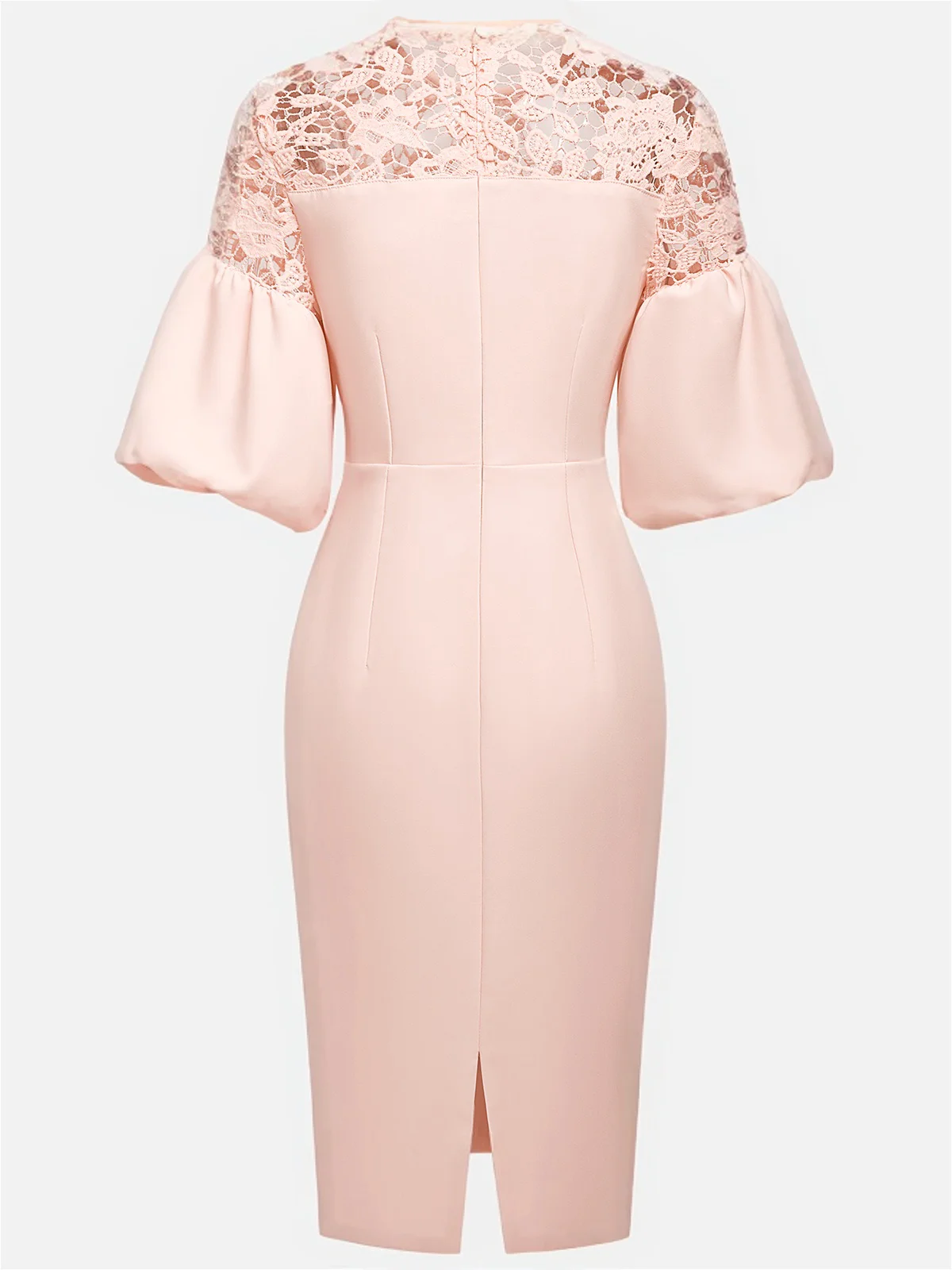 Pink Lace Classic Crew Neck Half Sleeve Balloon Sleeve Sheath Midi Dress