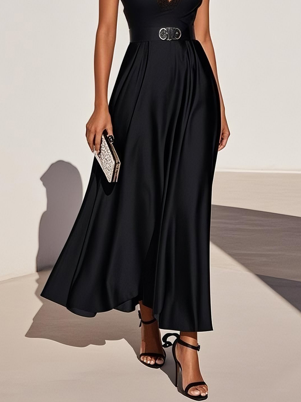 Black Lace Satin V Neck Short Sleeve A-Line Midi Dress