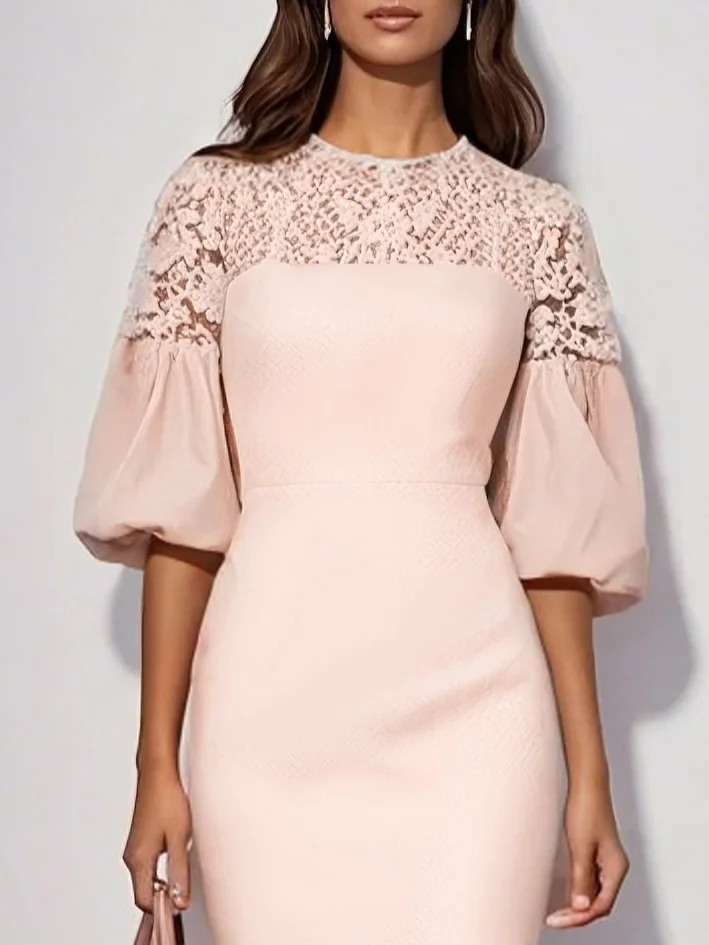 Pink Lace Classic Crew Neck Short Sleeve Balloon Sleeve Sheath Midi Dress