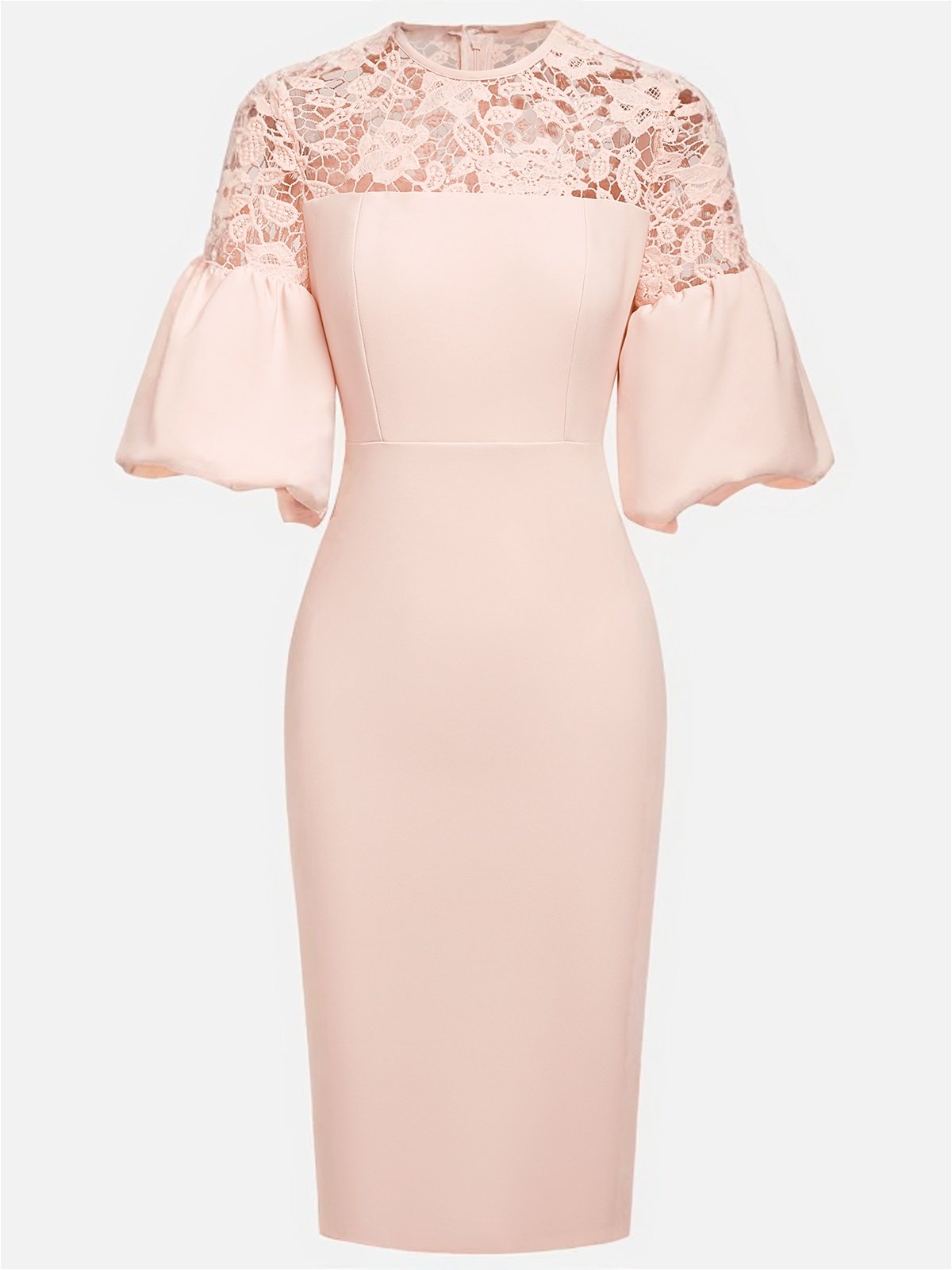 Pink Lace Classic Crew Neck Half Sleeve Balloon Sleeve Sheath Midi Dress