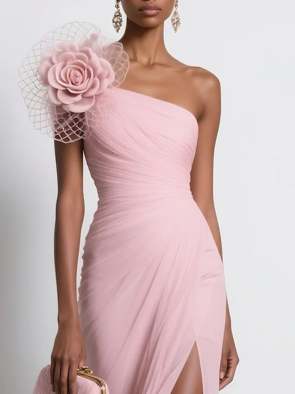 Pink Chiffon 3D Floral Slit  One Shoulder Sleeveless Sheath Gown Dress