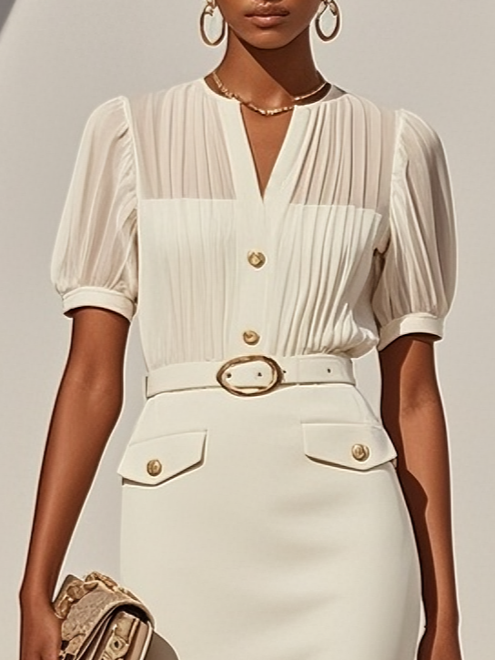 Apricot Pleated Classic Notched Neckline Short Sleeve Sheath Midi Two Piece Set