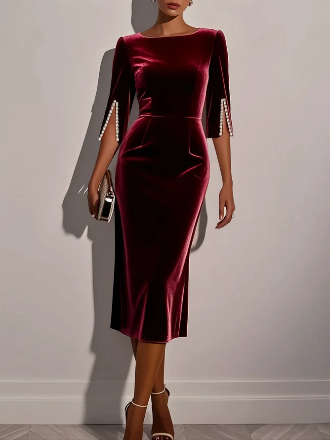 Wine Red Imitation Pearls Velvet Boat Neck Half Sleeve Sheath Midi Dress