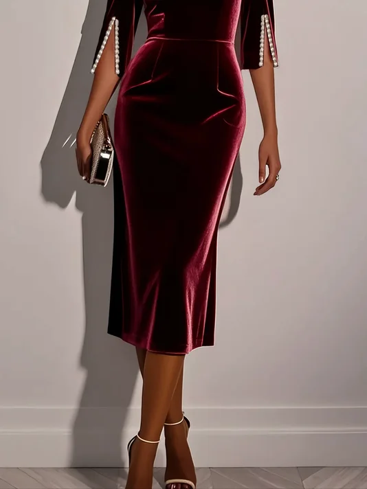Wine Red Imitation Pearls Velvet Boat Neck Half Sleeve Sheath Midi Dress