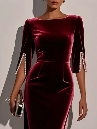 Wine Red Imitation Pearls Velvet Boat Neck Half Sleeve Sheath Midi Dress