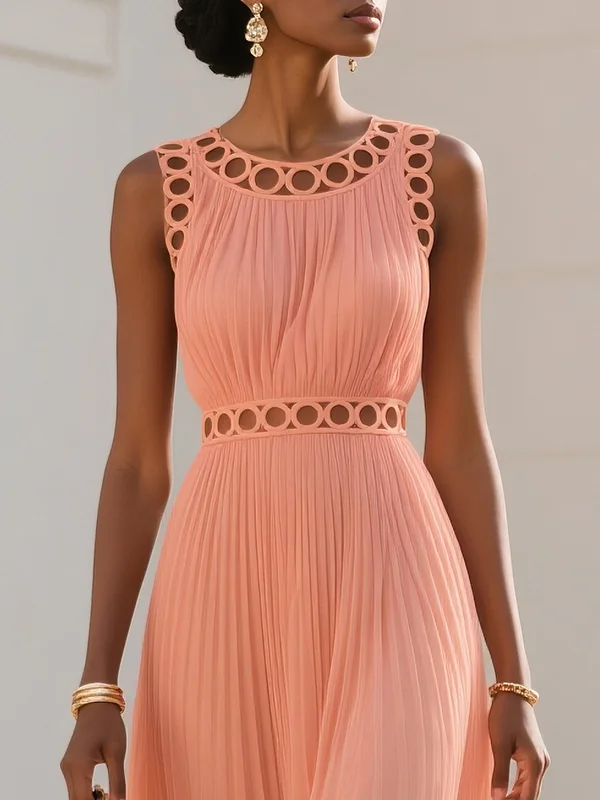 Orange Lace Pleated Hollow Out Chiffon Crew Neck Sleeveless A-Line Maxi Dress