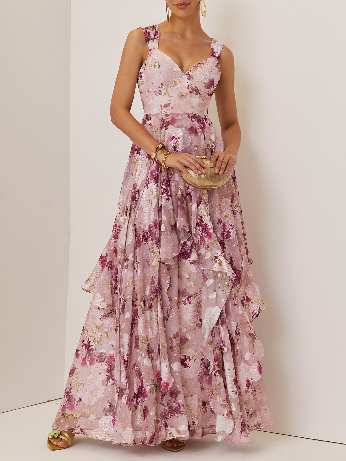Pink Floral Jacquard Chiffon Sweetheart Neckline Sleeveless A-Line Maxi Dress