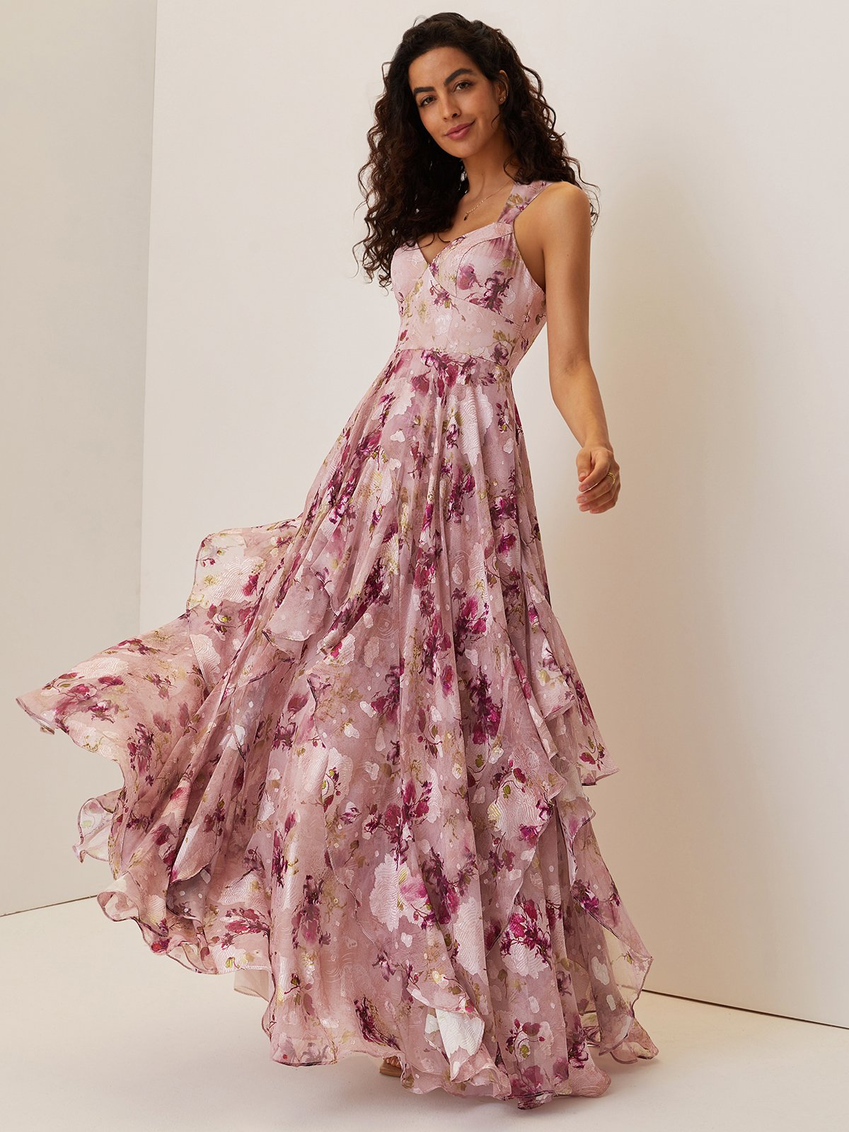 Pink Floral Jacquard Chiffon Sweetheart Neckline Sleeveless A-Line Maxi Dress