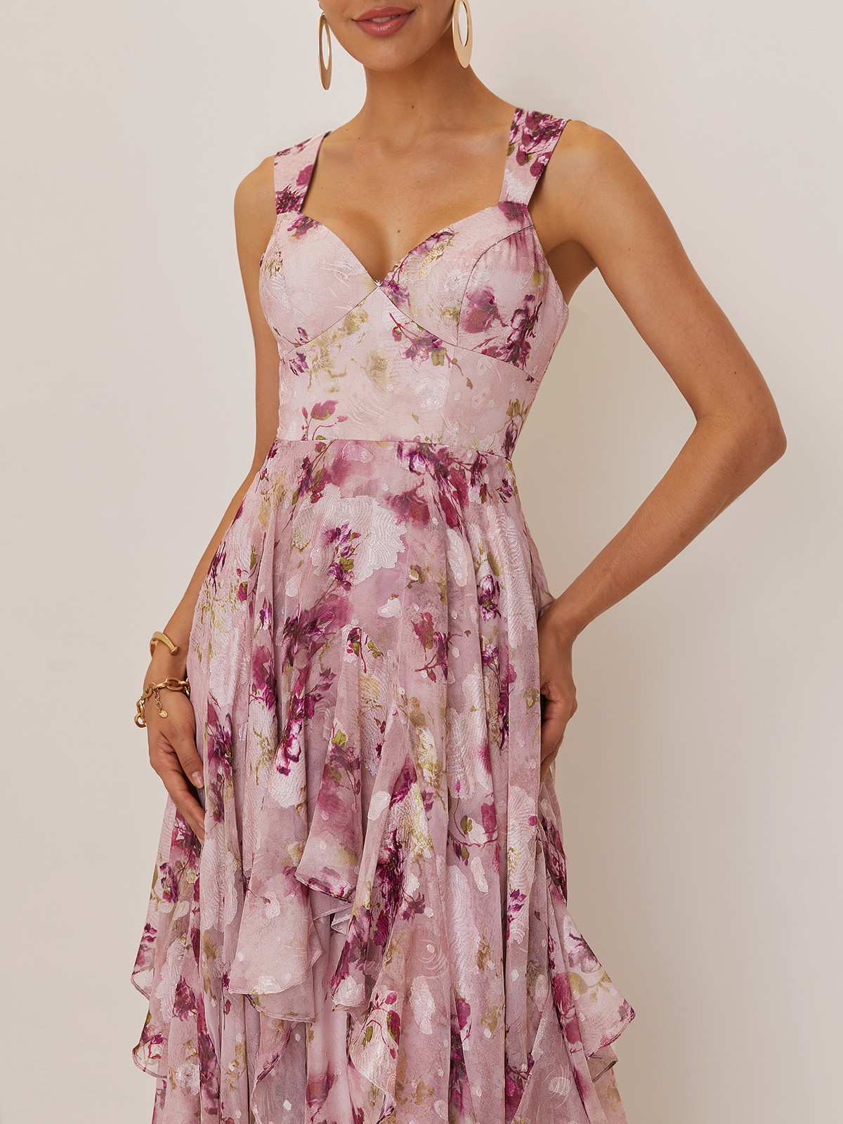 Pink Floral Jacquard Chiffon Sweetheart Neckline Sleeveless A-Line Maxi Dress
