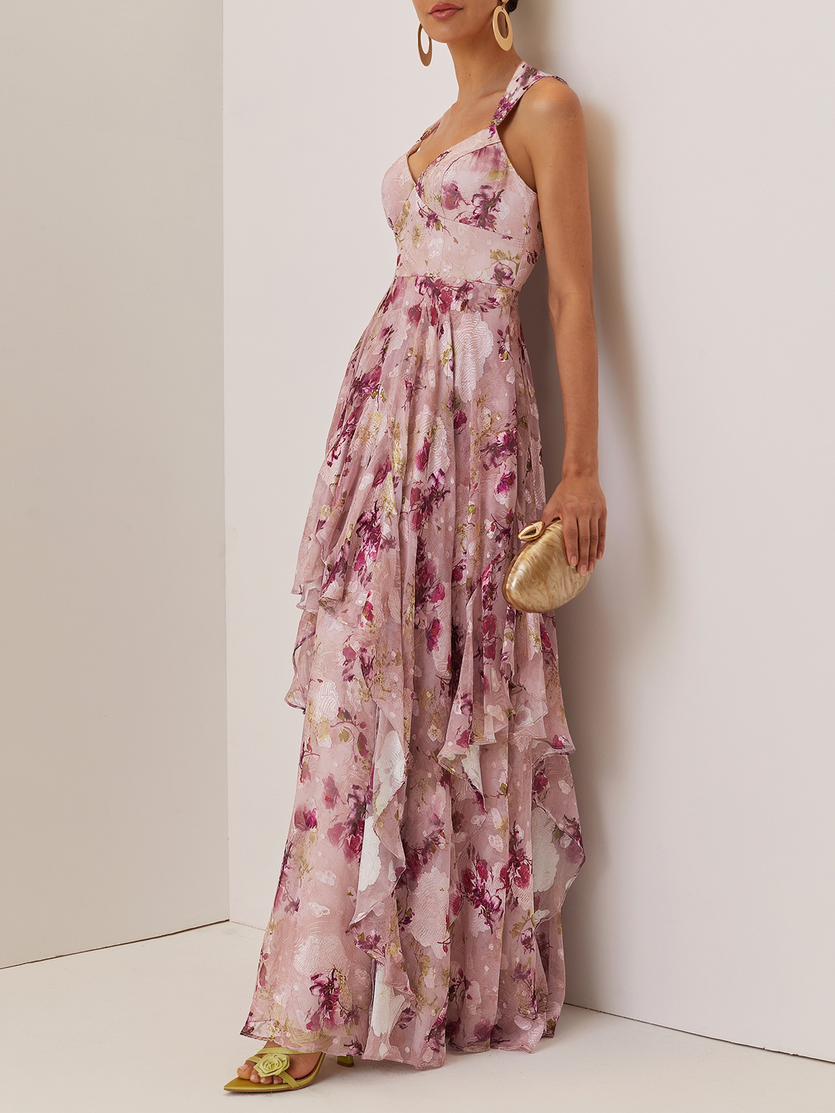 Pink Floral Jacquard Chiffon Sweetheart Neckline Sleeveless A-Line Maxi Dress