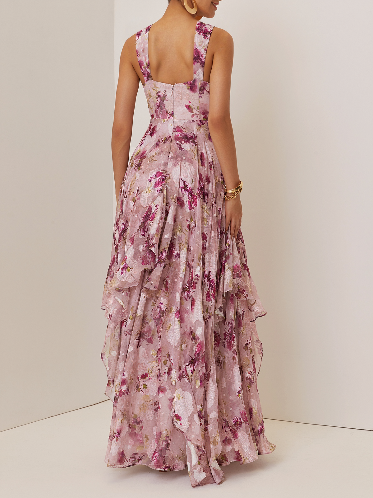 Pink Floral Jacquard Chiffon Sweetheart Neckline Sleeveless A-Line Maxi Dress