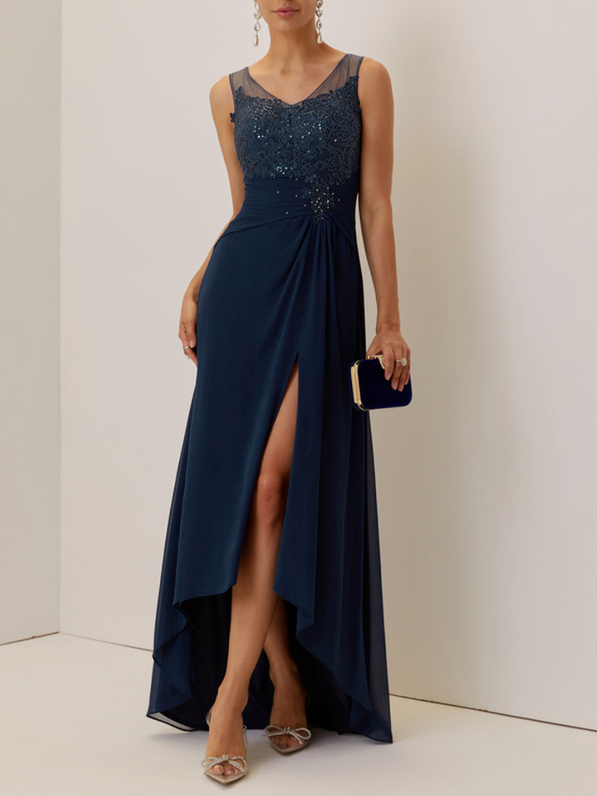 Purplish blue Sequin Lace Chiffon Dress V Neck Sleeveless A-Line Maxi Mother of the Bride or Groom Dress