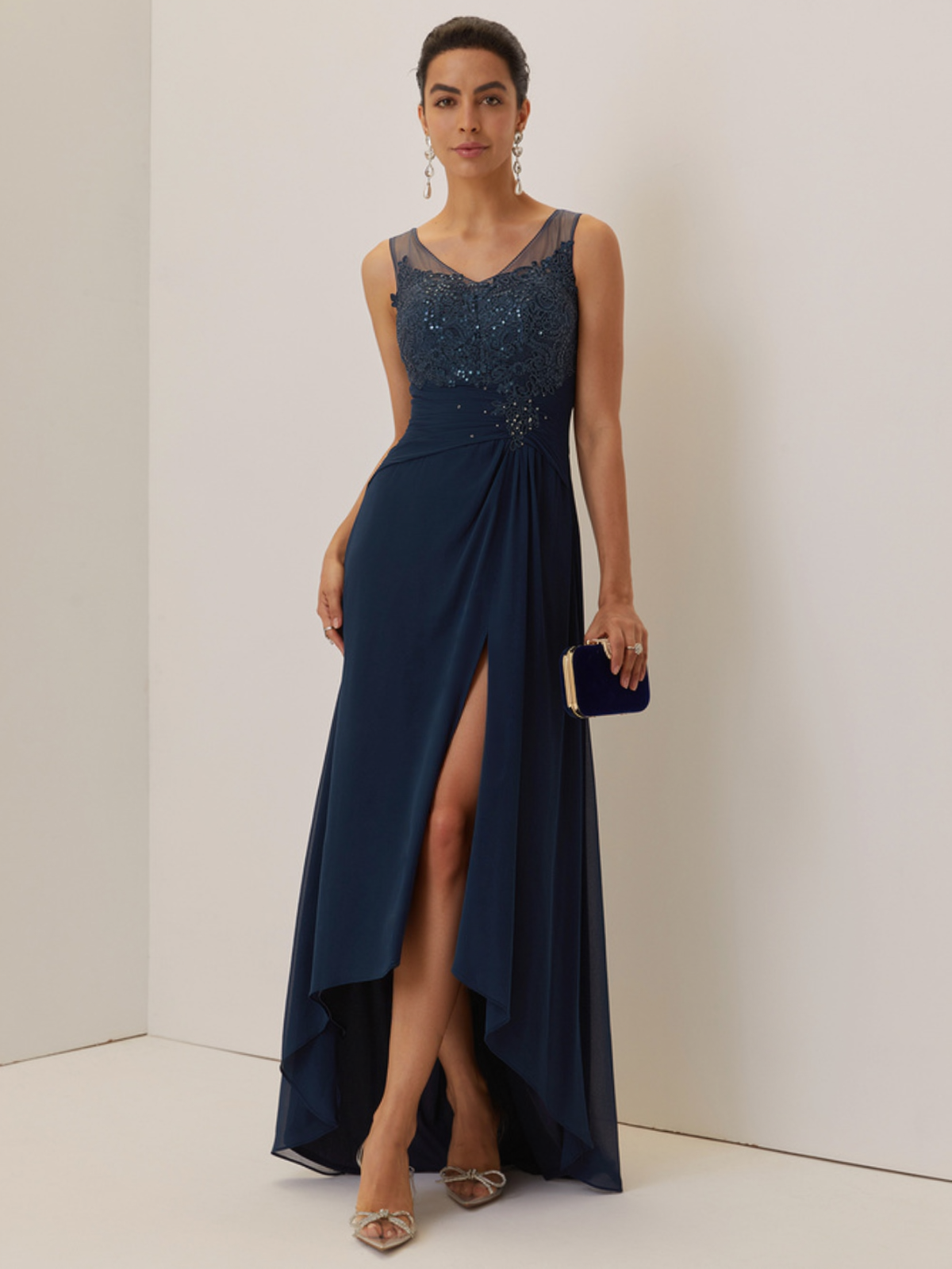 Purplish blue Sequin Lace Chiffon Dress V Neck Sleeveless A-Line Maxi Mother of the Bride or Groom Dress