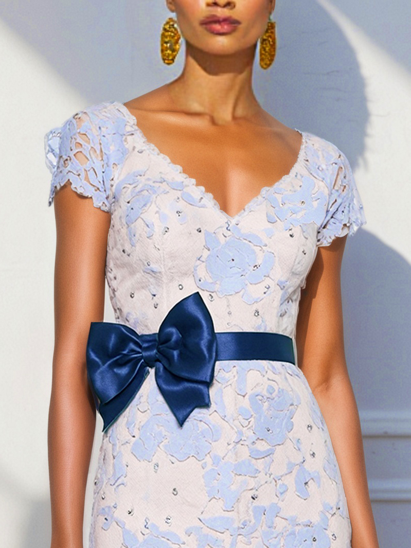 Blue Organza Bow Jacquard Hotfix Embellished Classic V Neck Short Sleeve Mermaid Midi Dress