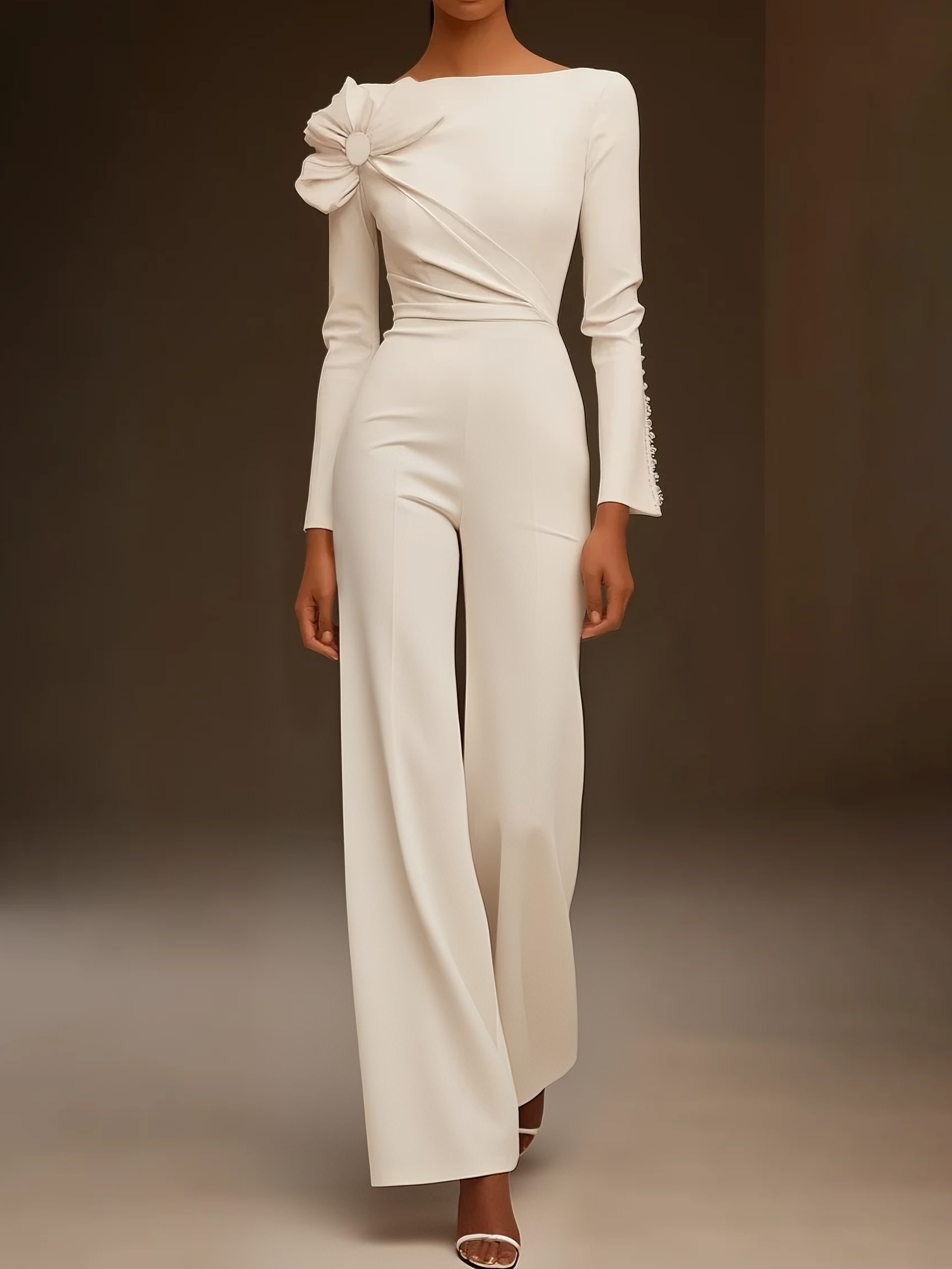 White Crew Neck Plain Bow Long Sleeve Jumpsuit
