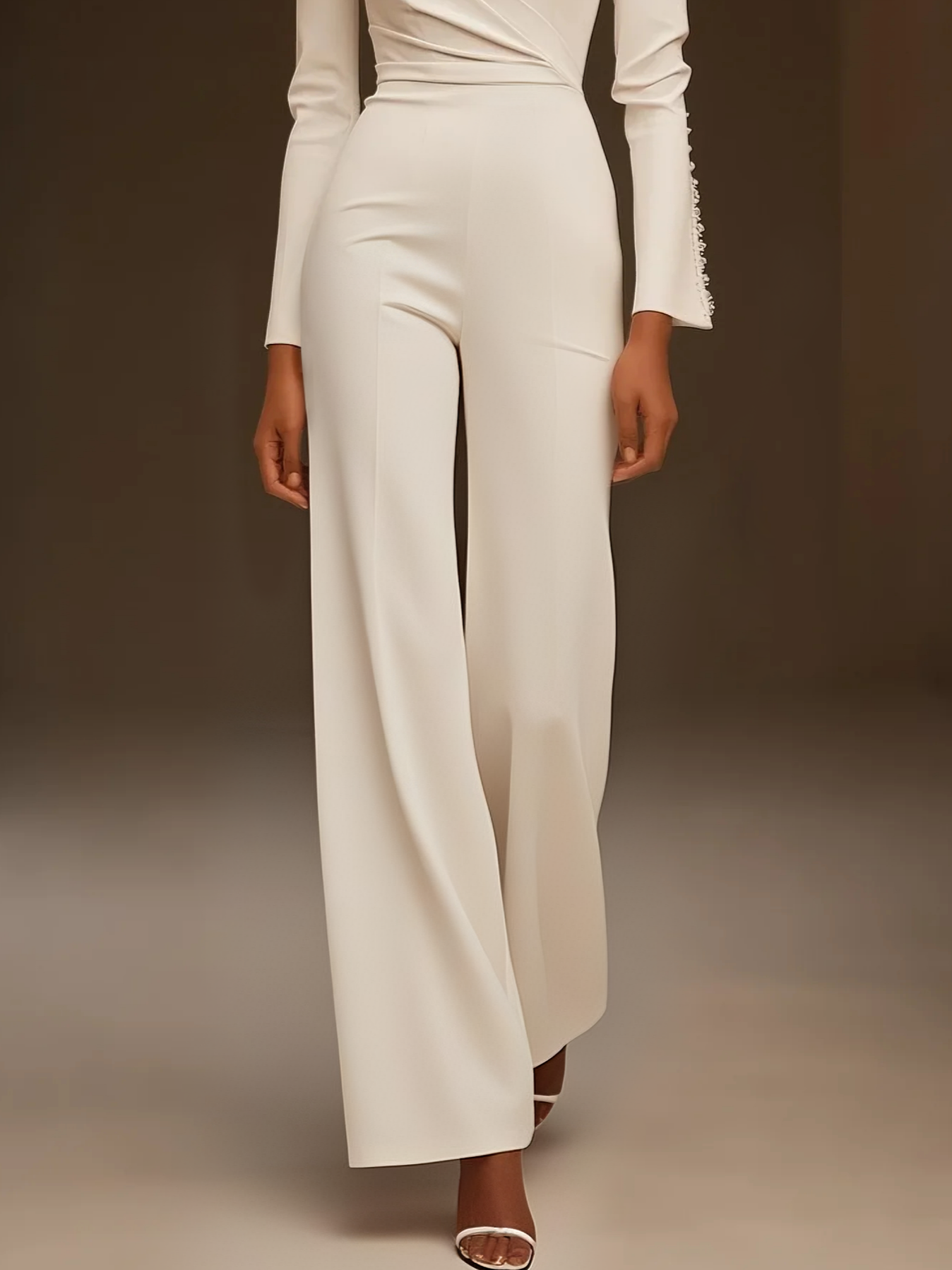 White Crew Neck Plain Bow Long Sleeve Jumpsuit