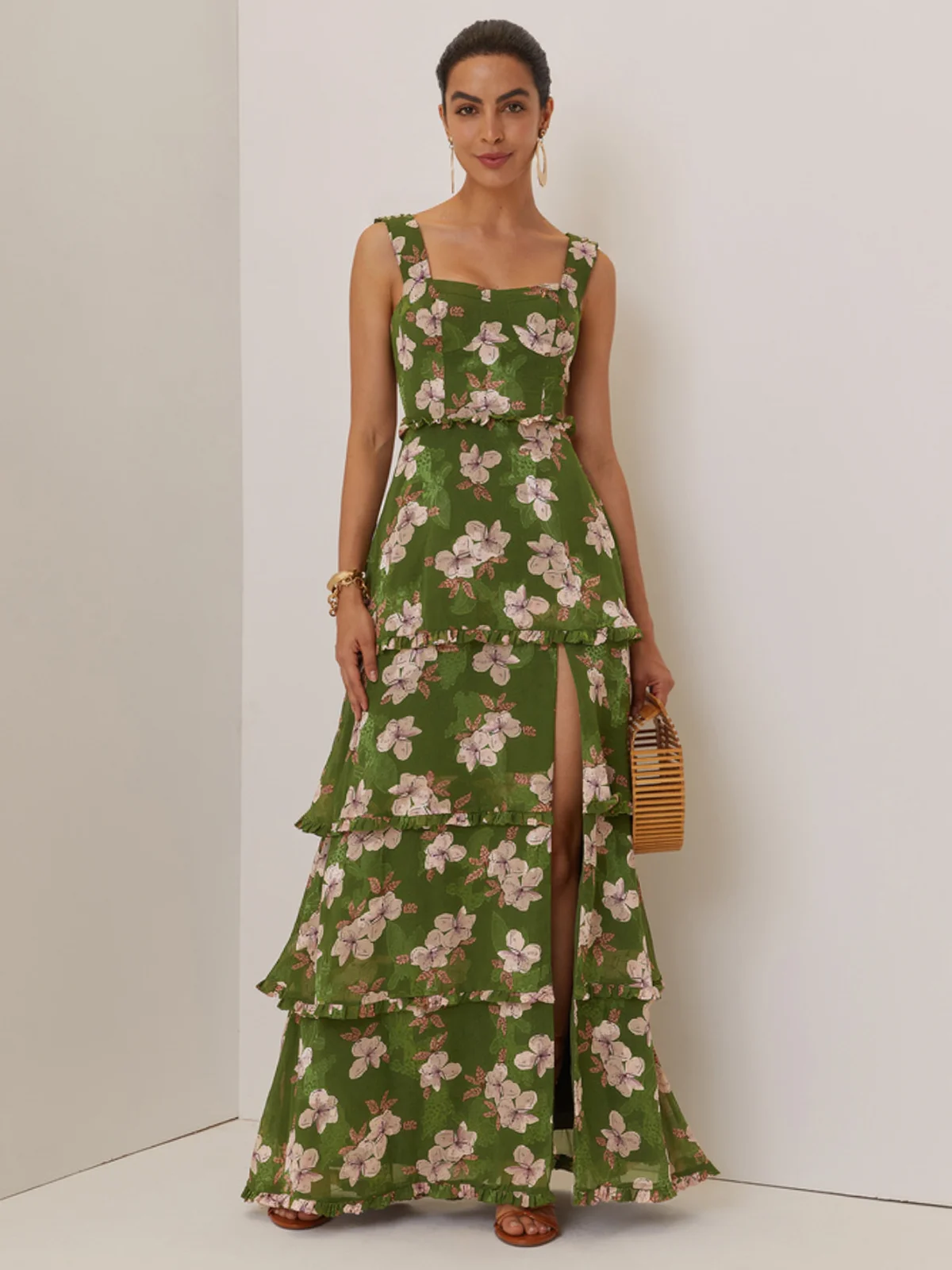 Green Jacquard Classic Spaghetti Chiffon Floral Sleeveless A-Line Maxi Dress