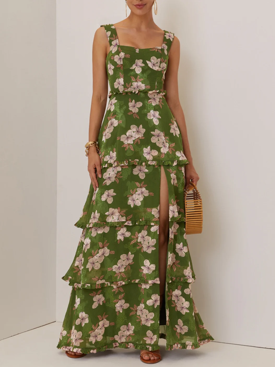 Green Jacquard Classic Spaghetti Chiffon Floral Sleeveless A-Line Maxi Dress