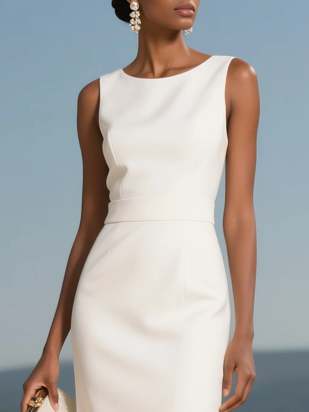White Lace Classic Boat Neck Sleeveless Mermaid Midi Dress