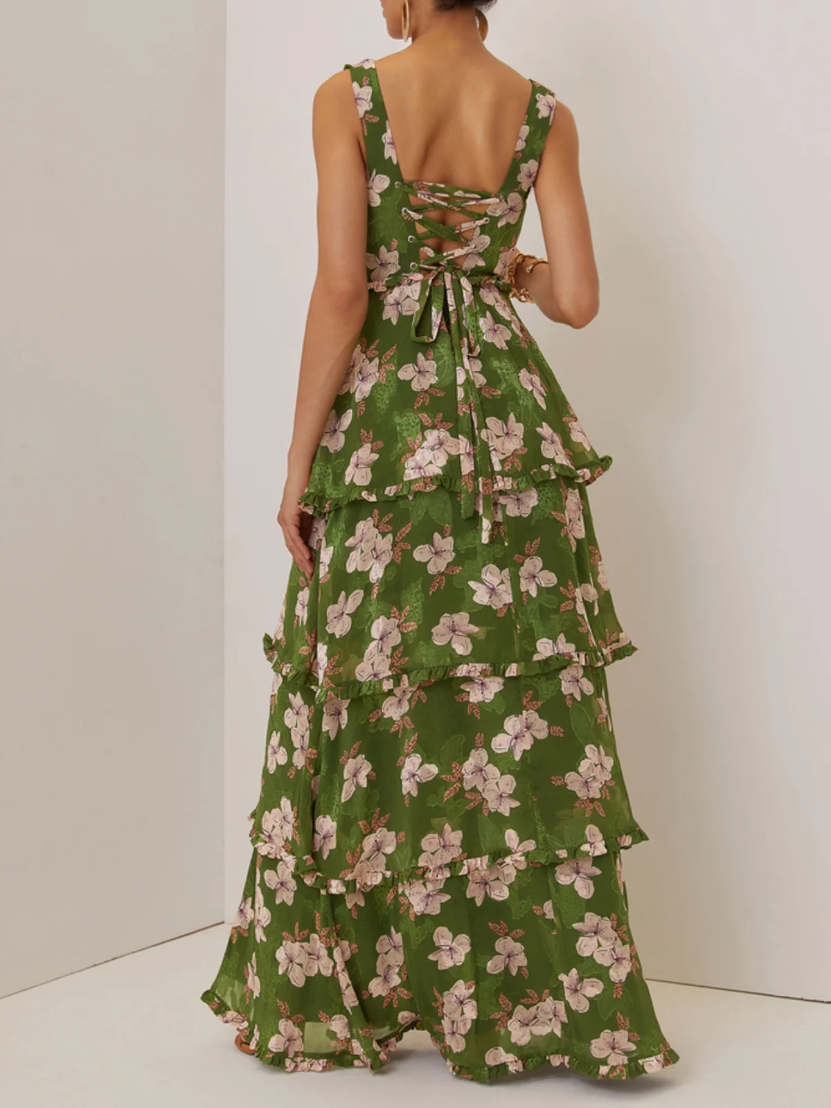 Green Jacquard Classic Spaghetti Chiffon Floral Sleeveless A-Line Maxi Dress