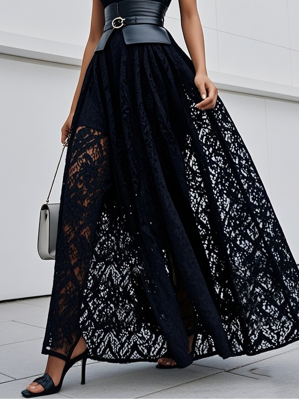 Black Lace Hollow Out Crew Neck Sleeveless A-Line Maxi Dress