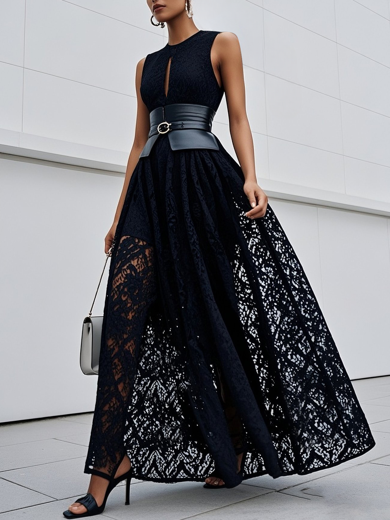 Black Lace Hollow Out Crew Neck Sleeveless A-Line Maxi Dress