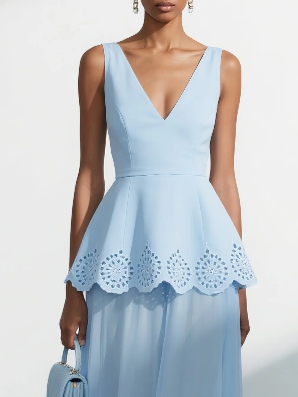 Light Blue Devore Peplum Classic V Neck Sleeveless A-Line Maxi Dress