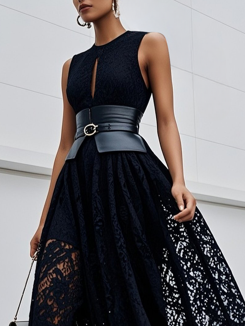 Black Lace Hollow Out Crew Neck Sleeveless A-Line Maxi Dress