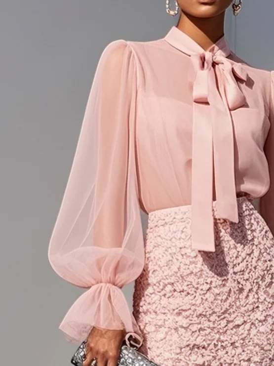 Women Pink Lace Bow Crew Neck Long Sleeve Bell Sleeve Two-Piece Dress