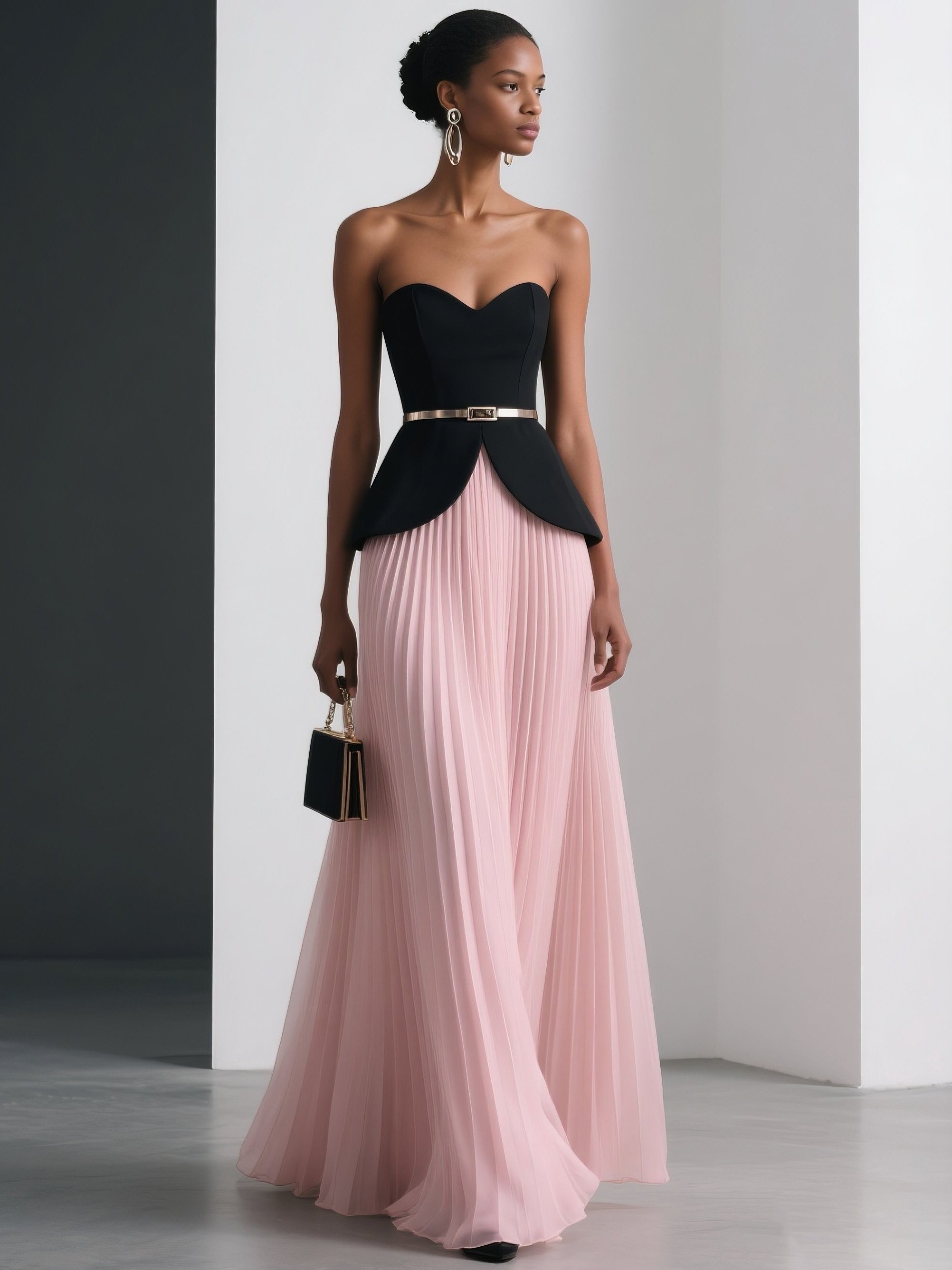Women Pink Pleated Strapless Sleeveless Dressy Top With Skirt Two-Piece Set