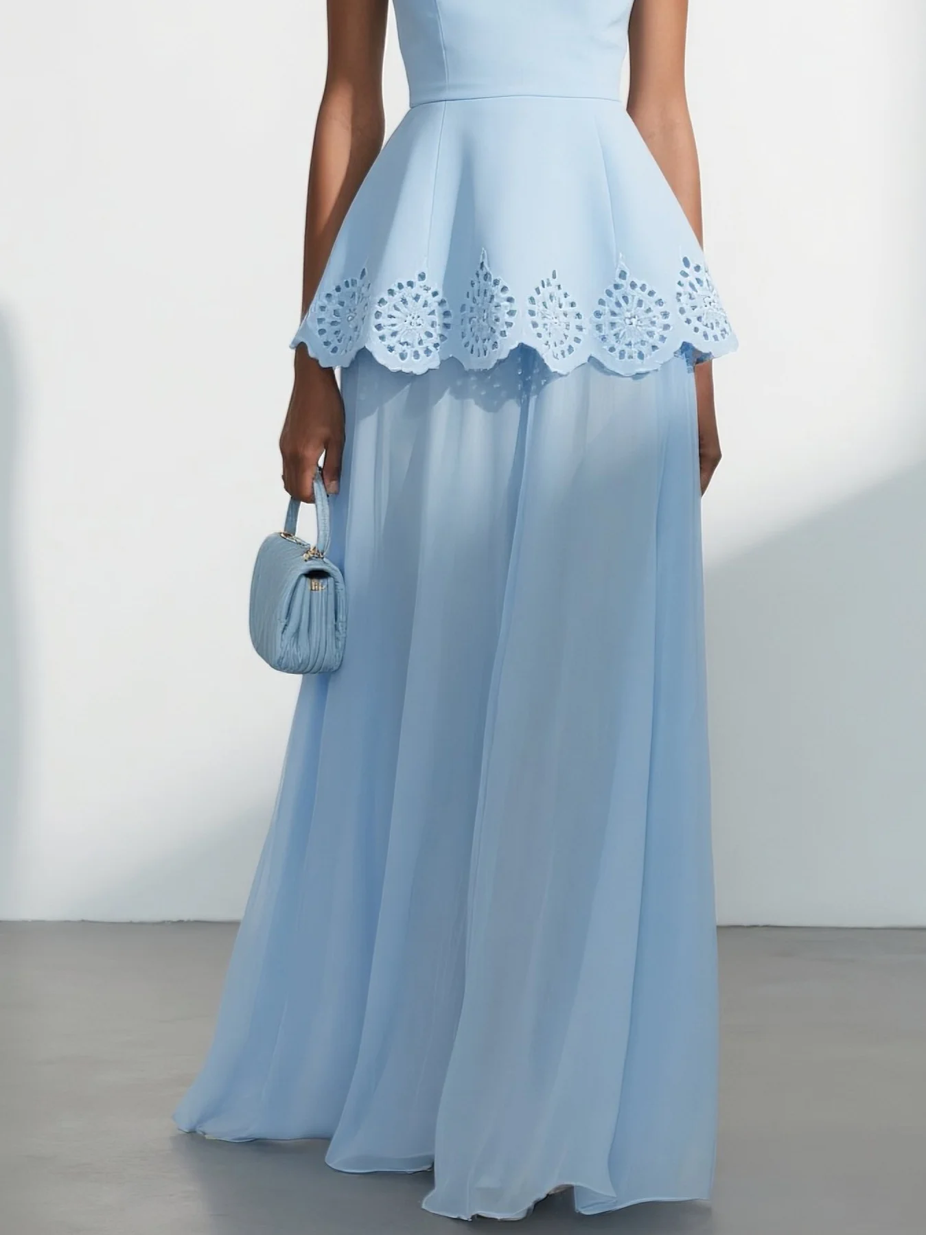 Light Blue Devore Peplum Classic V Neck Sleeveless A-Line Maxi Dress