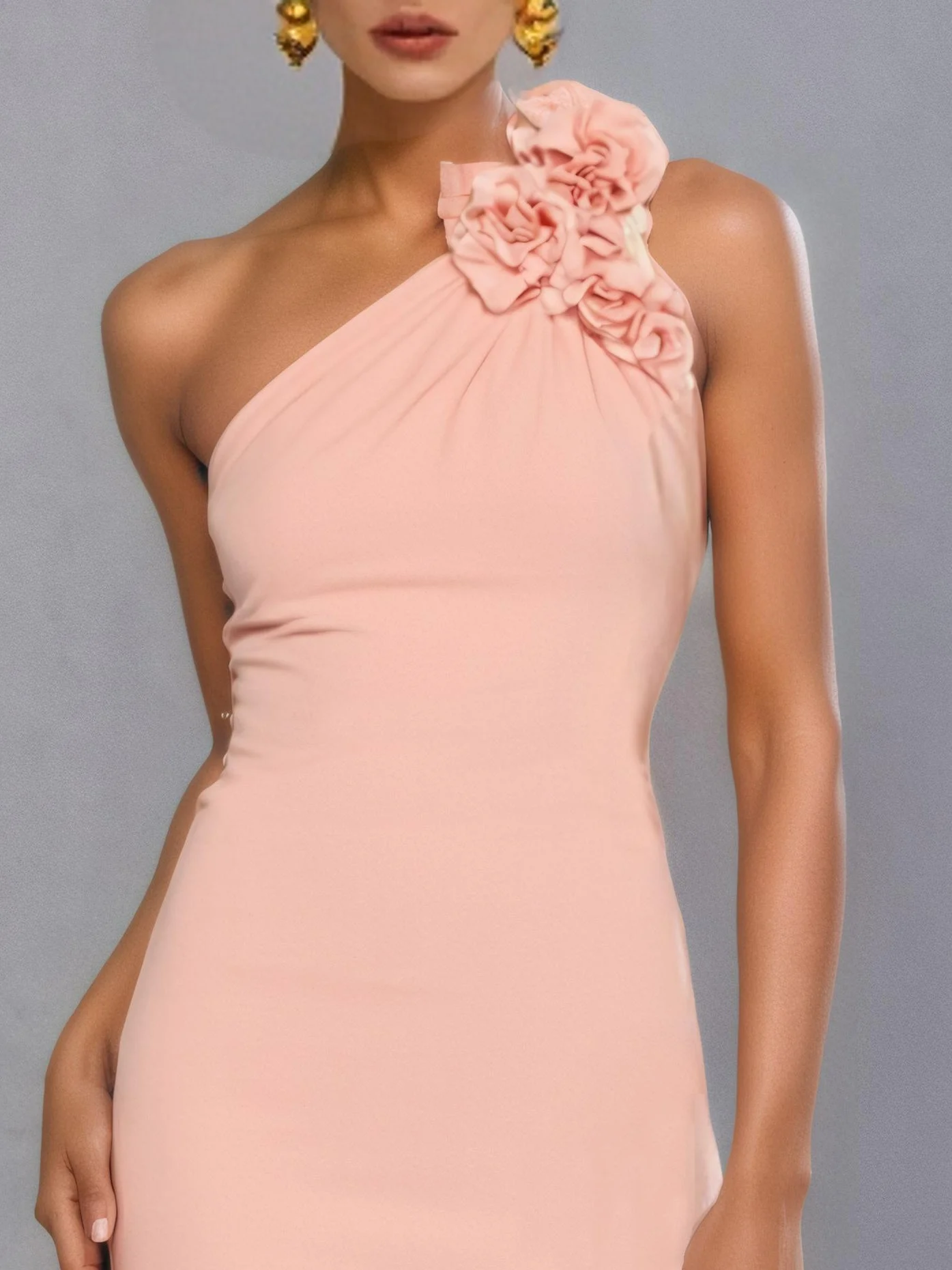 Pink 3D Floral Lace Classic One Shoulder Sleeveless Mermaid Gown Dress