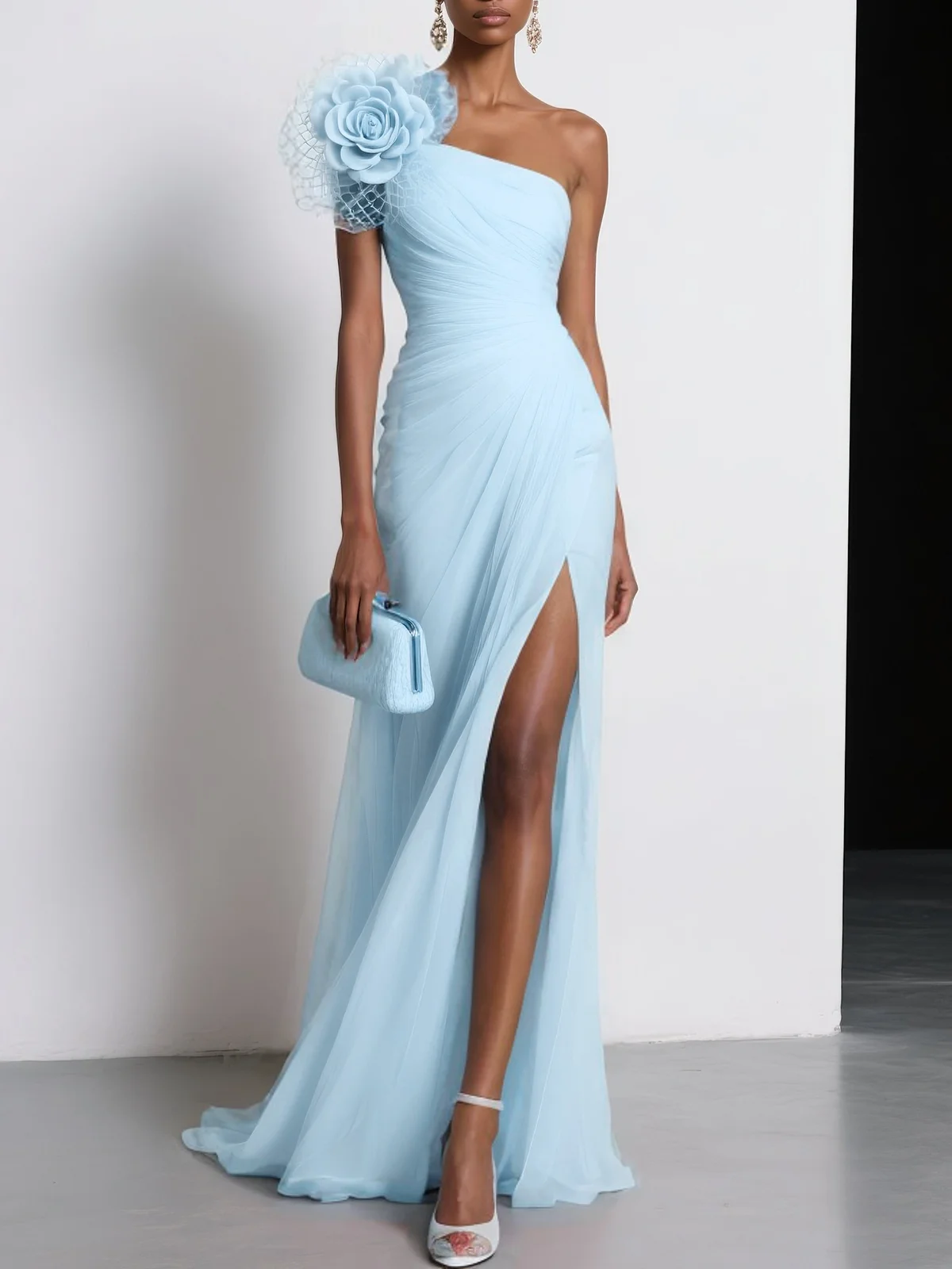 Light Blue Removable 3D Floral Ruched Chiffon One Shoulder Sleeveless Sheath Gown Dress