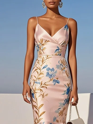 Pink Floral Satin Spaghetti Gallus Mermaid Midi Dress