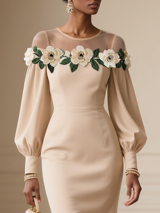 Apricot Applique Floral Classic Crew Neck Long Sleeve Balloon Sleeve Sheath Midi Dress